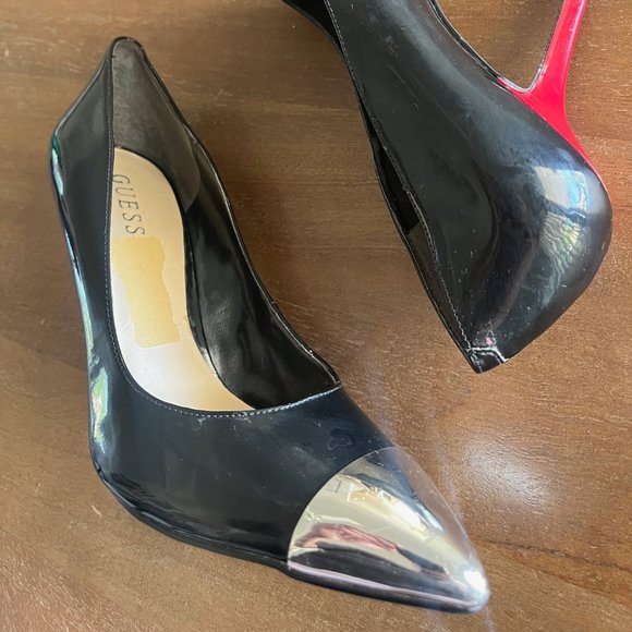 Guess Woman’s Black 3.5" Heels Pumps Red Stem Silver Pointed Toe Size 9M - Picture 3 of 7